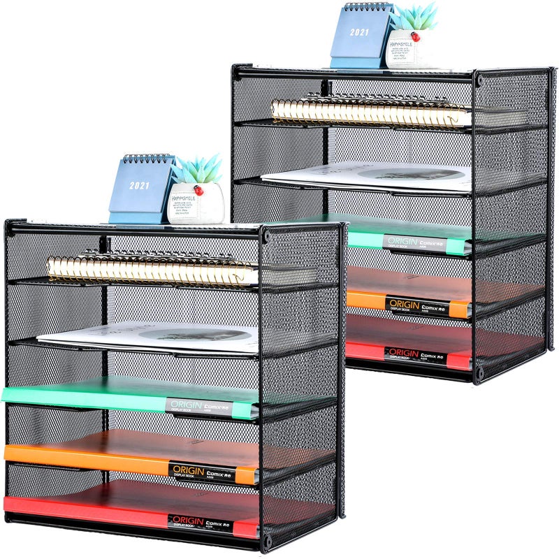 Samstar 2 Pack Paper Letter Tray, Mesh Desk File Organizer with 5 Tier Shelf and Sorter, Black - Image 4